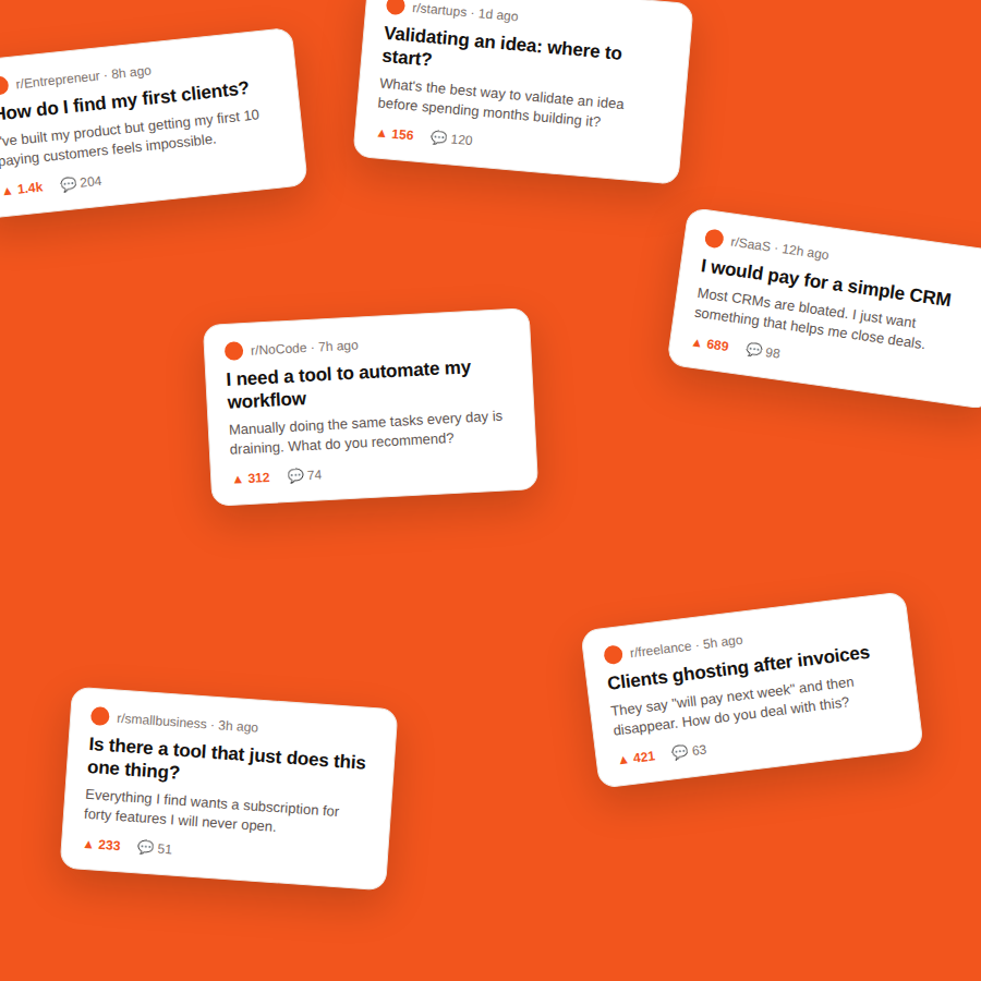 Forum posts on an orange field, people asking for tools they would pay for